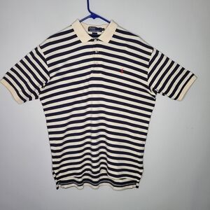 Polo By Ralph Lauren Size M Men's Short Sleeve Striped Polo Shirt Navy Blue Tan